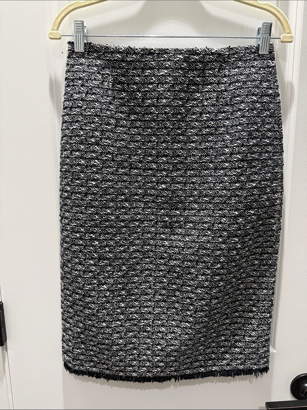 J. Crew Black & White Tweed Fringe Pencil Skirt